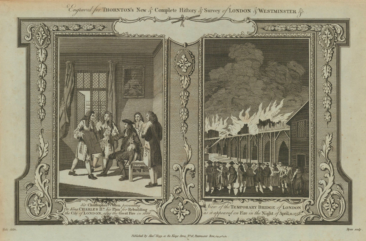 Associate Product London Bridge burnt by ferry man 1758. Wren's London rebuilding plans 1784