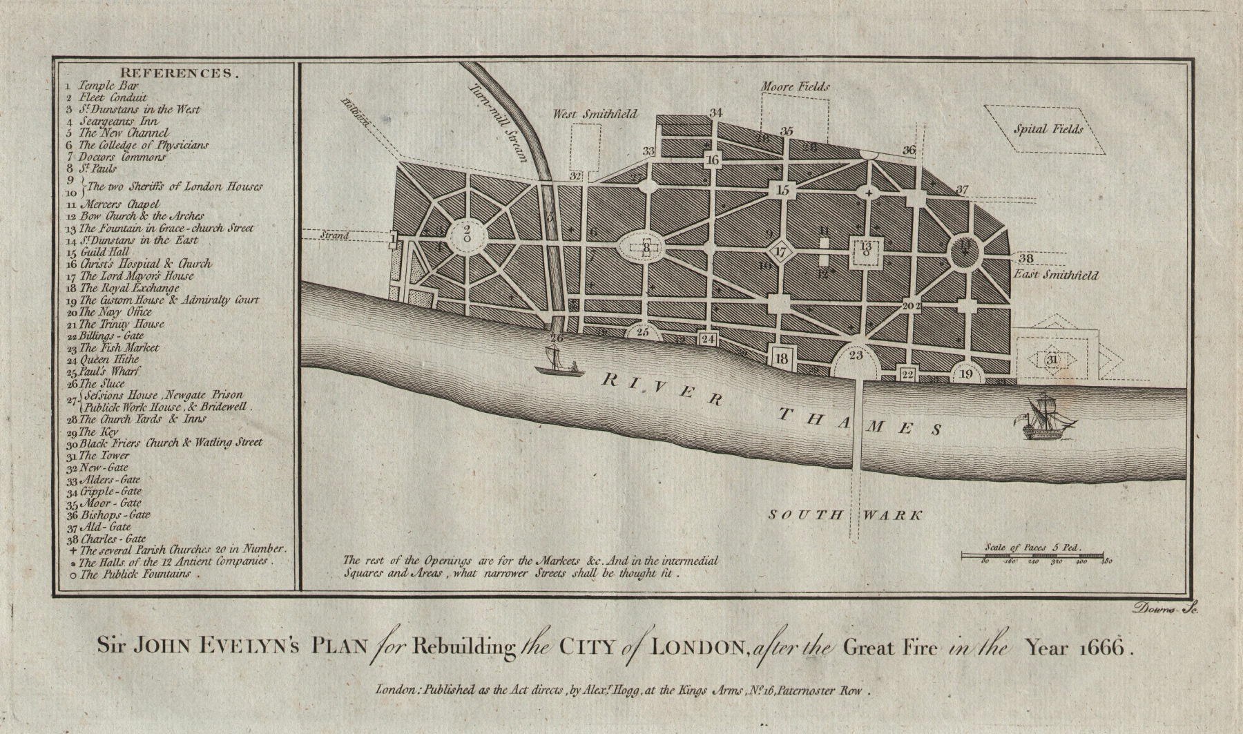 Associate Product Evelyn's City of London rebuilding plan after the 1666 fire. THORNTON 1784 map