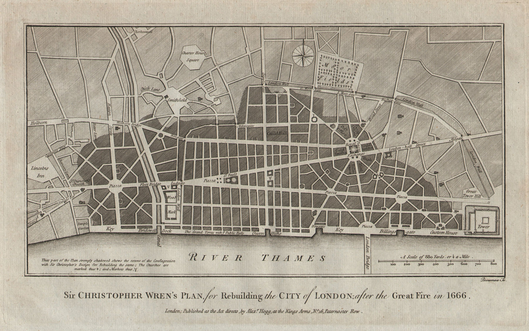 Sir Christopher Wren's plan to rebuild the City of London. THORNTON 1784 map