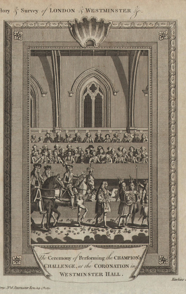 Sir John Dymoke, King's Champion. Richard II's coronation. Westminster Hall 1784