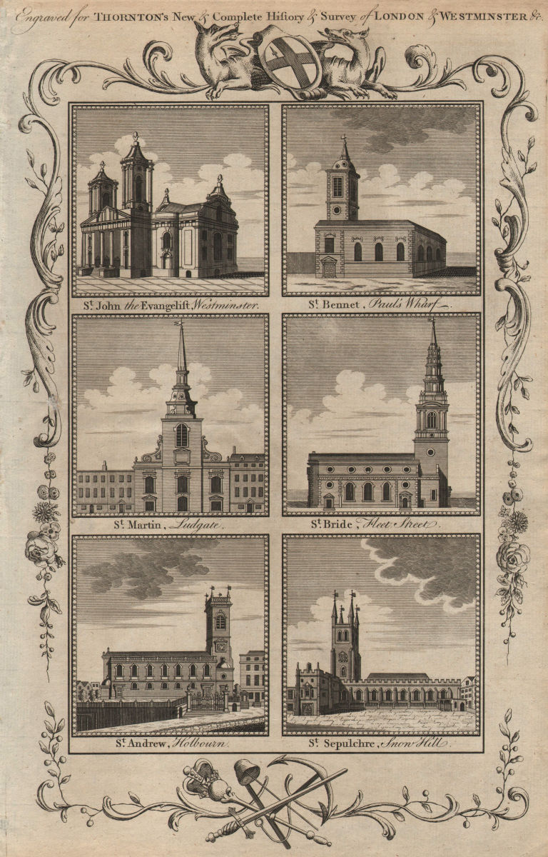 LONDON CHURCHES St John Smith Benet Martin Ludgate Bride Andrew Sepulchre 1784