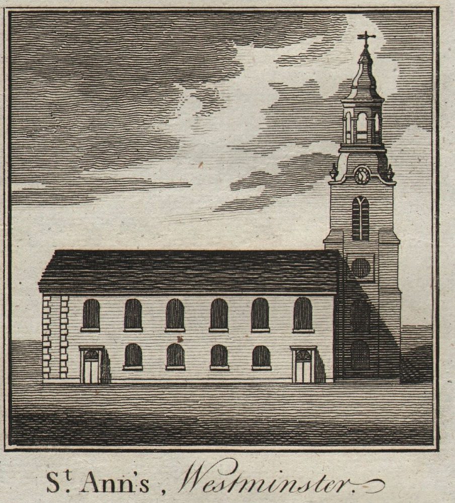 St. Anne's, Soho. Christopher Wren. London church. SMALL. THORNTON 1784 print