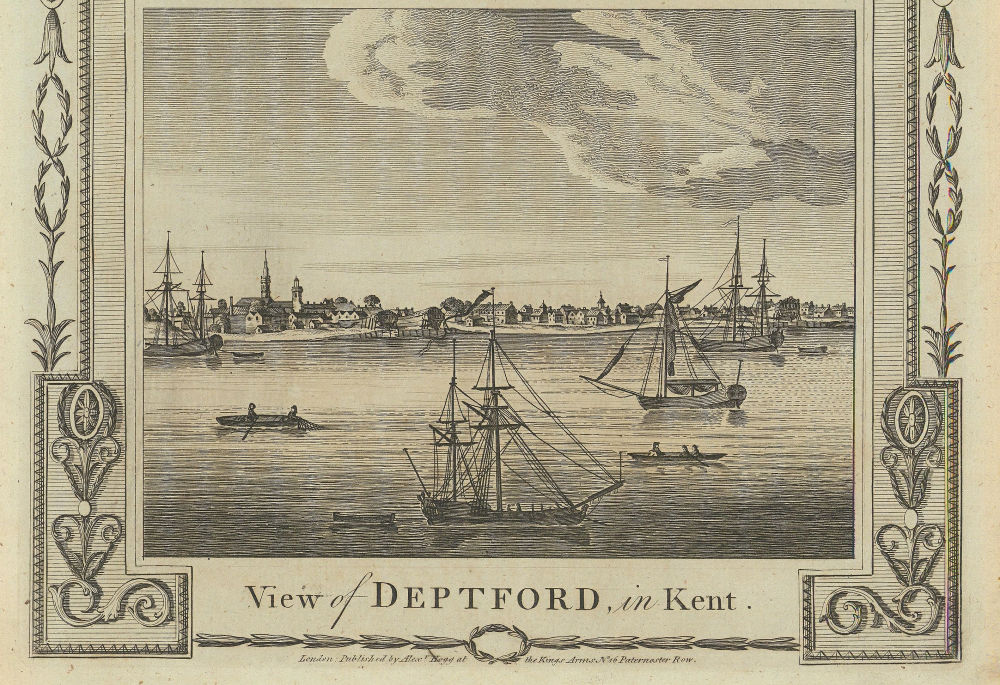 A view of Deptford, London, with St Paul's church. Sailing boats. THORNTON 1784