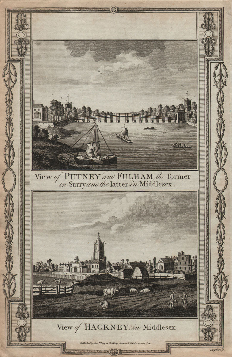 Associate Product Views of Putney and Fulham, and Hackney. THORNTON 1784 old antique print