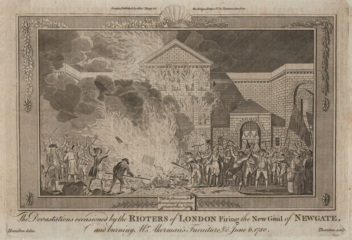 Gordon Riots 1780. Burning Newgate Prison & Akerman's furniture. London 1784