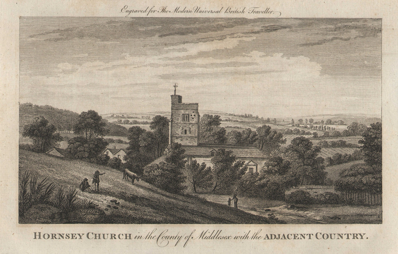 Associate Product View of St. Mary's church Tower, Hornsey, London. BURLINGTON 1779 old print