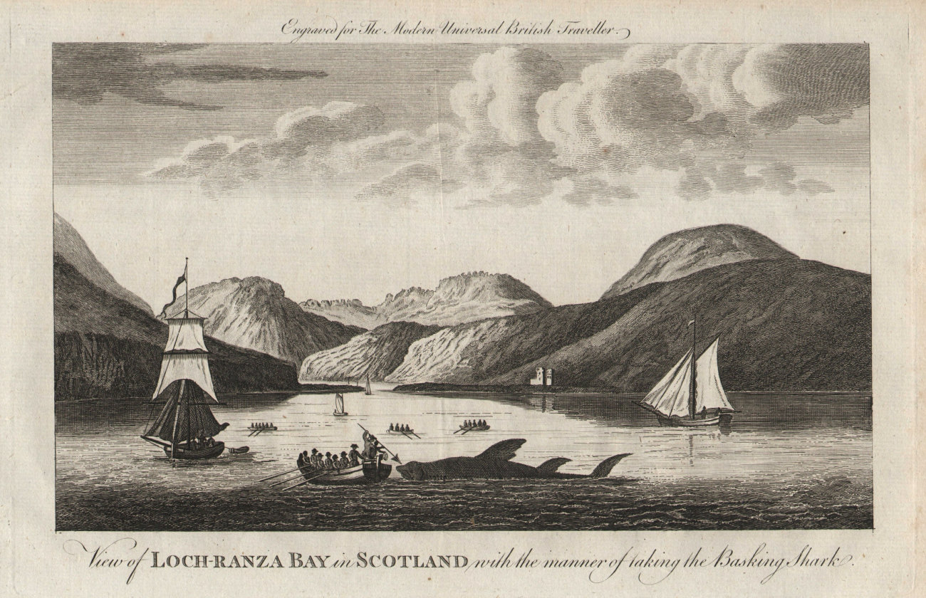 View of Lochranza Bay in Scotland. Killing a Basking Shark. MURRAY 1779 print