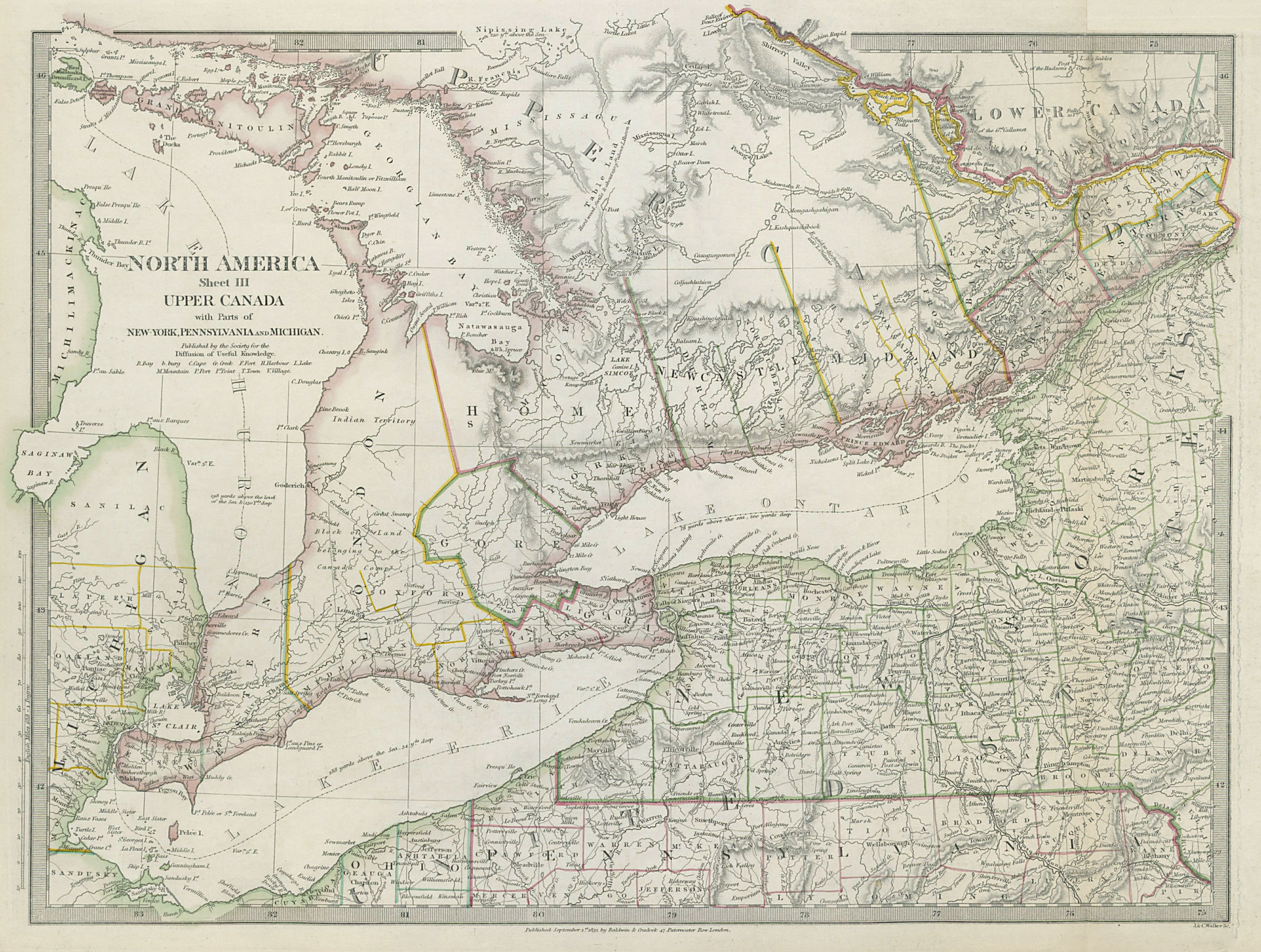 GREAT LAKES Upper Canada <1849 districts Lake Ontario Huron Erie SDUK 1844 map