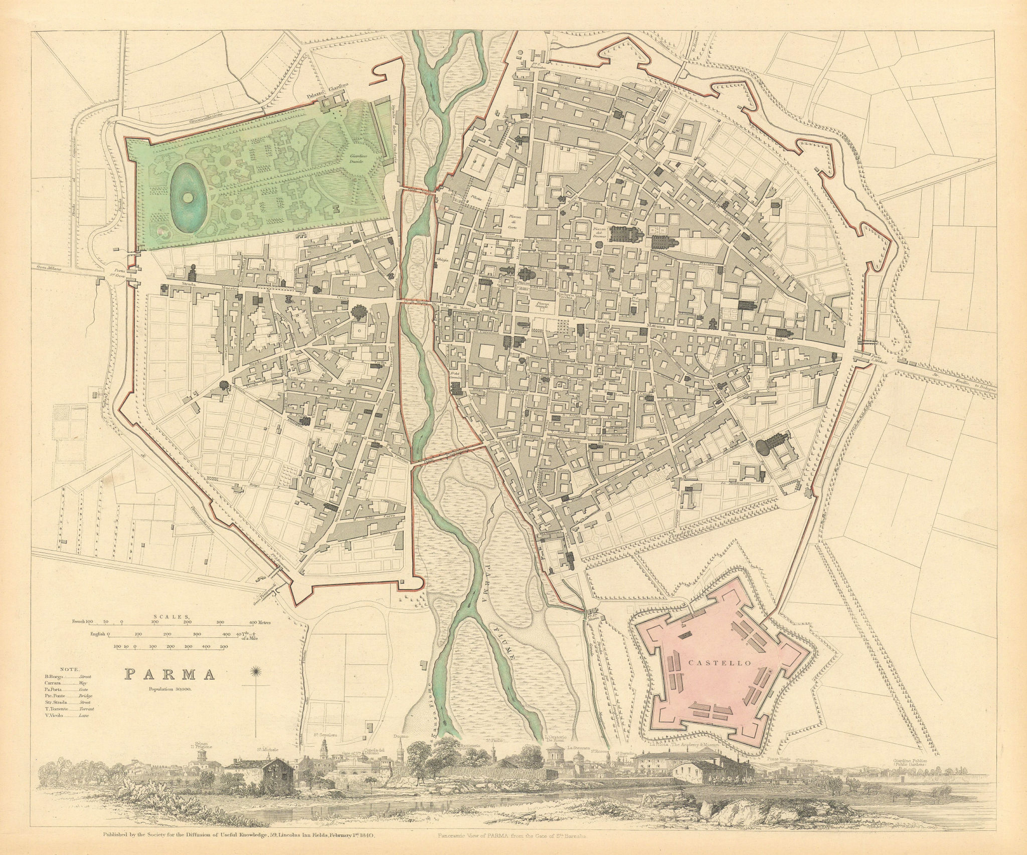 PARMA antique city town map plan & panorama Parme SDUK 1844 old