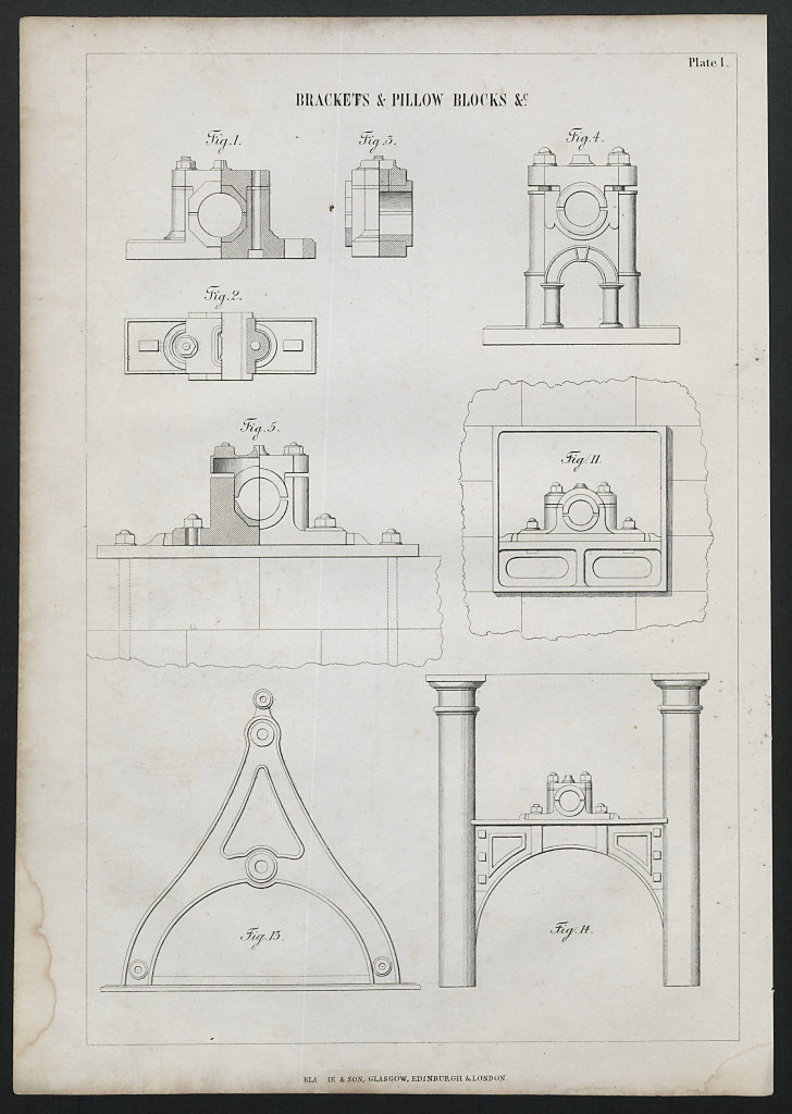 VICTORIAN ENGINEERING DRAWING Brackets & pillow blocks &c. (1) 1847 old print