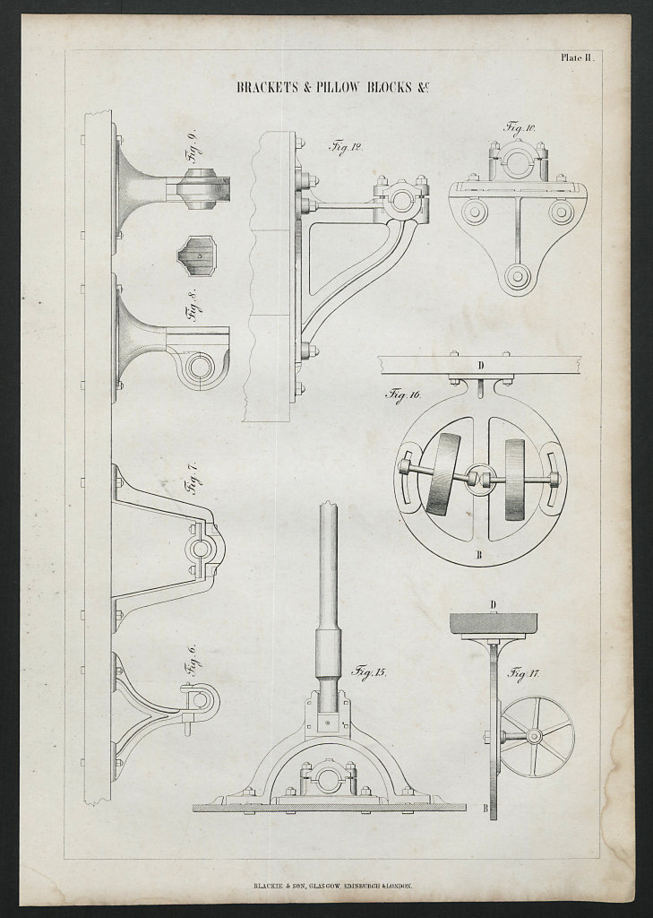 VICTORIAN ENGINEERING DRAWING Brackets & pillow blocks &c. (2) 1847 old print