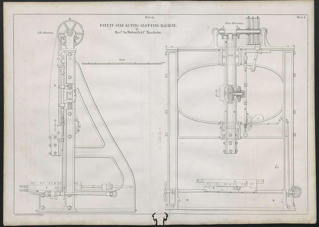 19C ENGINEERING DRAWING Whitworth self-acting slotting machine, Manchester 1847