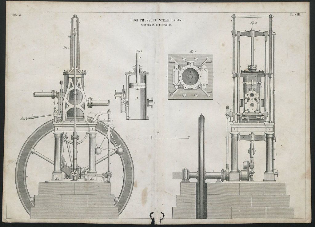 VICTORIAN ENGINEERING DRAWING High pressure steam engine, 16 inch cylinder 1847