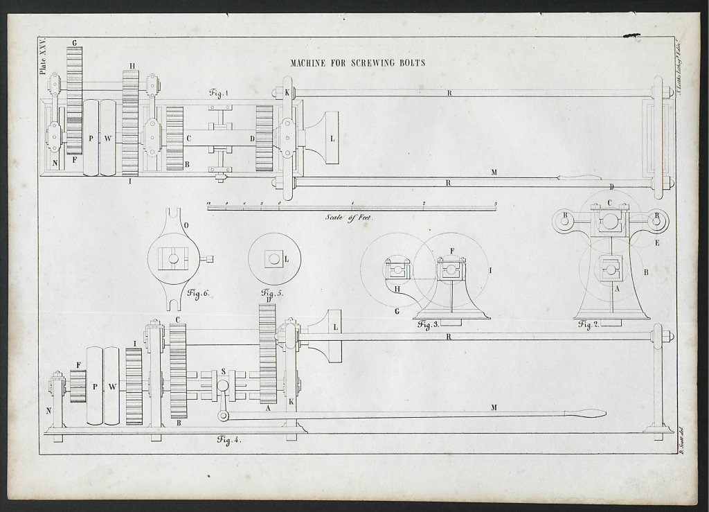 VICTORIAN ENGINEERING DRAWING Machine for Screwing Bolts 1847 old print