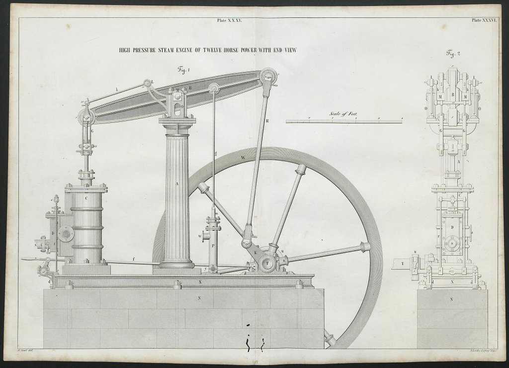 VICTORIAN ENGINEERING DRAWING 12hp High pressure steam engine 1847 old print