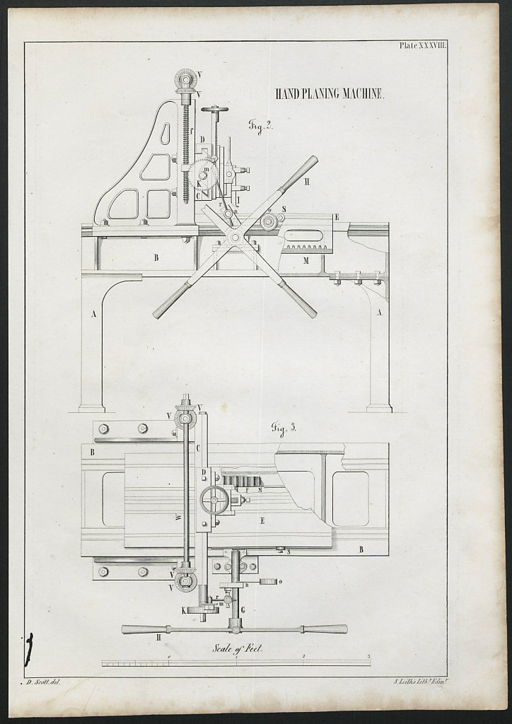 VICTORIAN ENGINEERING DRAWING Hand planing machine. Fig 2 1847 old print
