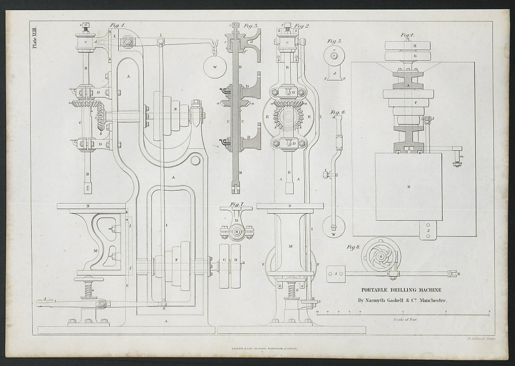 19C ENGINEERING DRAWING Drilling machine. Nasmyth Gaskell, Manchester 1847