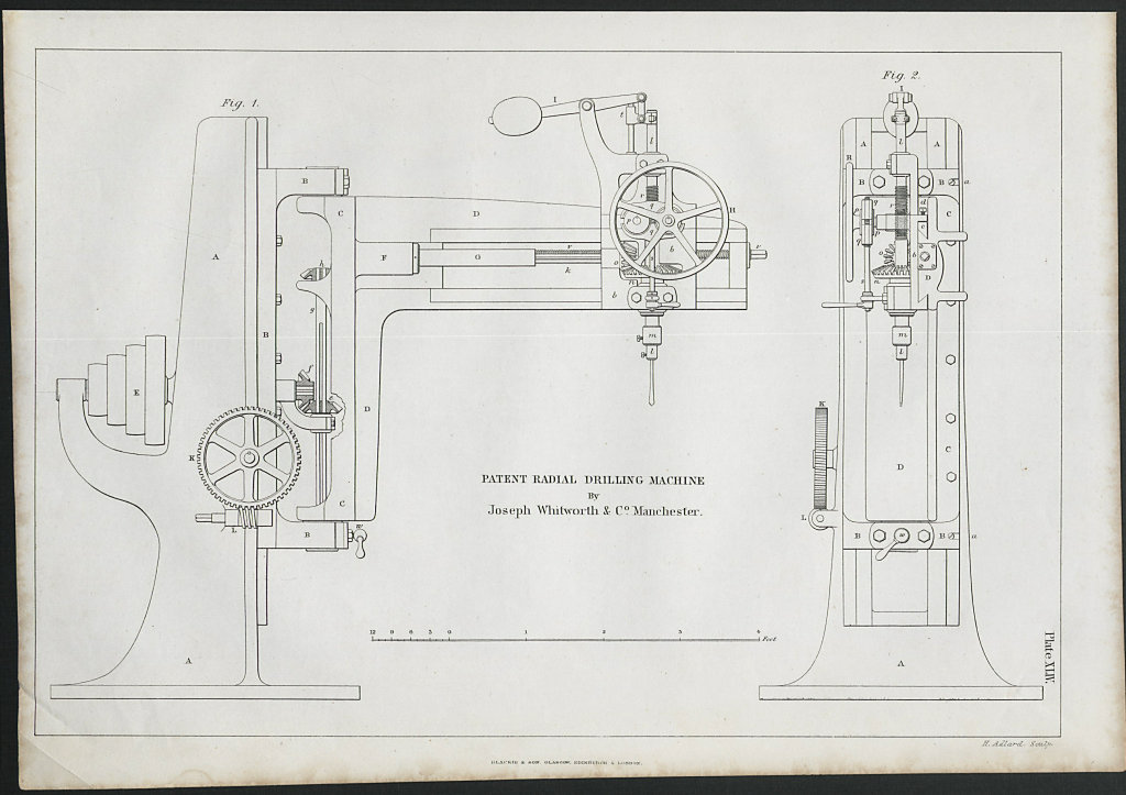 19C ENGINEERING DRAWING Radial drilling machine. J. Whitworth, Manchester 1847