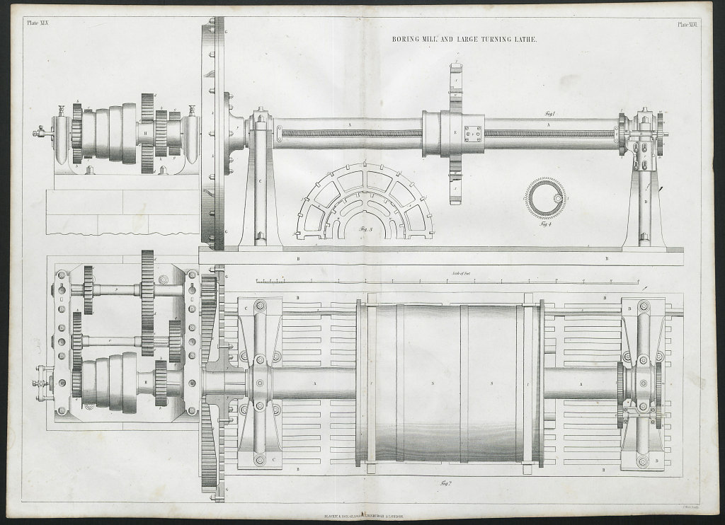 VICTORIAN ENGINEERING DRAWING Boring mill and large turning lathe 1847 print