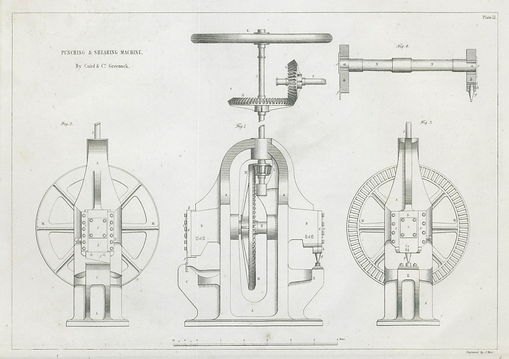 19C ENGINEERING DRAWING Punching & shearing machine. Caird & Co., Greenock 1847
