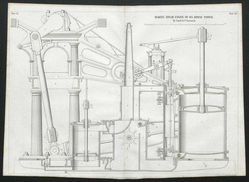 19C ENGINEERING DRAWING 145 HP marine steam engine. Caird & Co. Greenock 3 1847