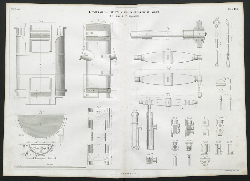 19C ENGINEERING DRAWING 145hp marine steam engine details. Caird, Greenock 1847