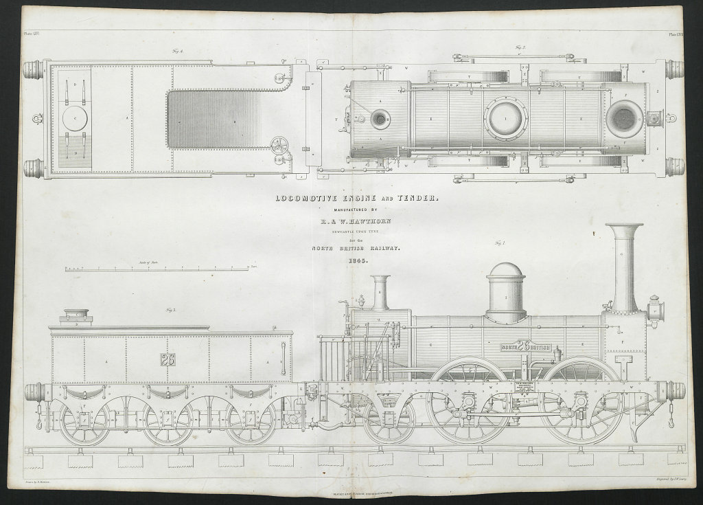 19C ENGINEERING DRAWING Locomotive engine & tender. North British Railway 1847
