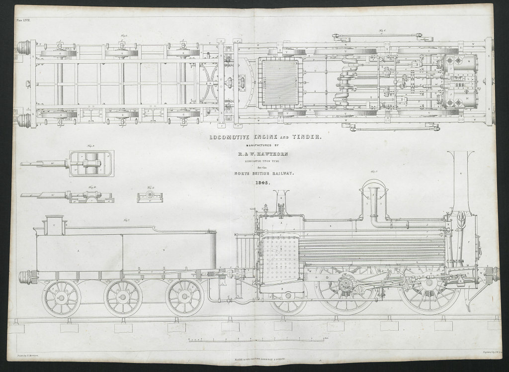 Associate Product 19C ENGINEERING DRAWING Locomotive engine & tender North British Railway 1847