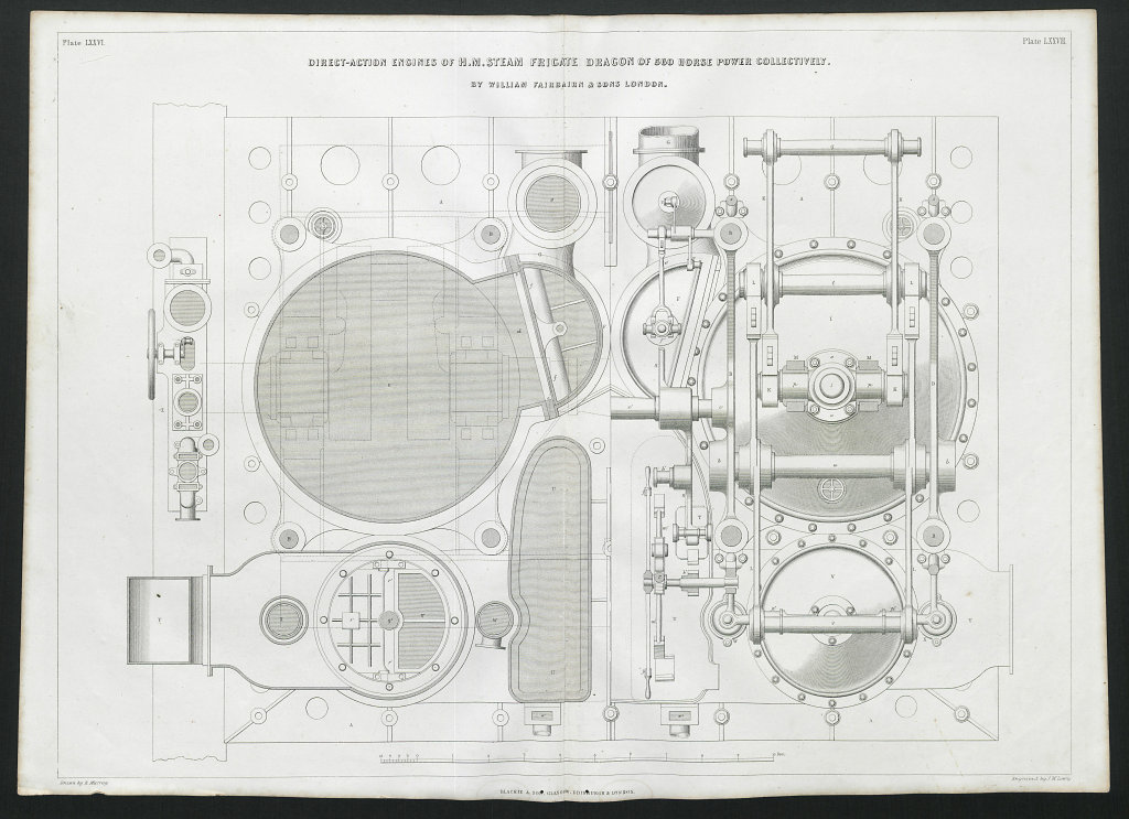 19C ENGINEERING DRAWING Direct-action engines of HM Steam Frigate Dragon 2 1847