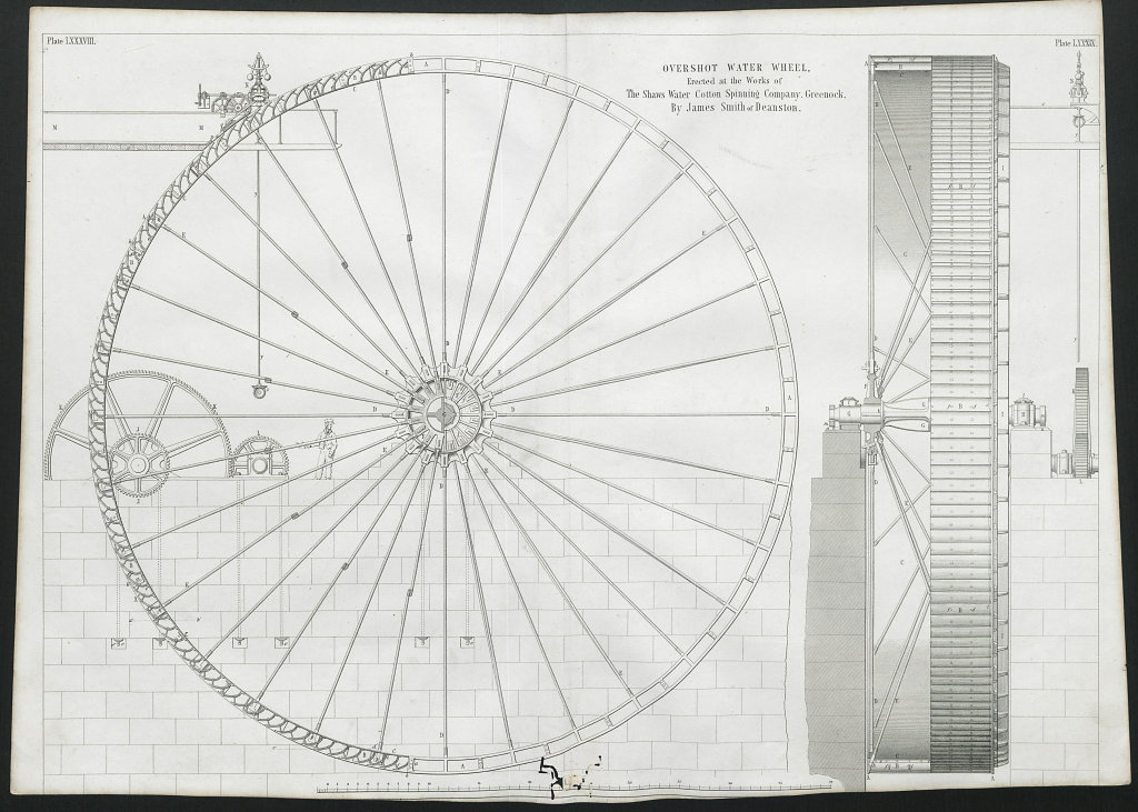 19C ENGINEERING DRAWING Water wheel Shaws Water Cotton Spinning Co Greenock 1847