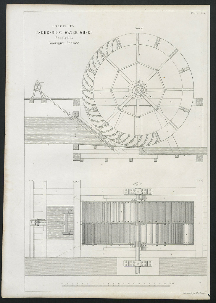 19C ENGINEERING DRAWING Poncelet's under-shot water wheel. Guerigny France 1847