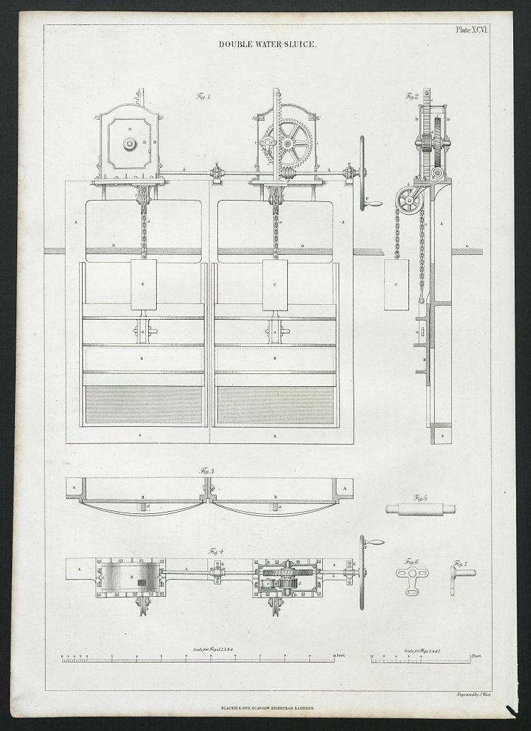 VICTORIAN ENGINEERING DRAWING Double water-sluice 1847 old antique print