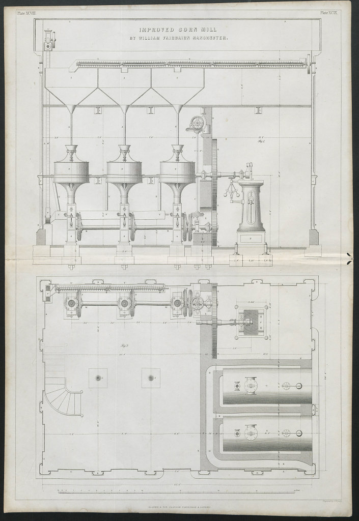 Associate Product 19C ENGINEERING DRAWING Improved corn mill by William Fairbairn. Manchester 1847