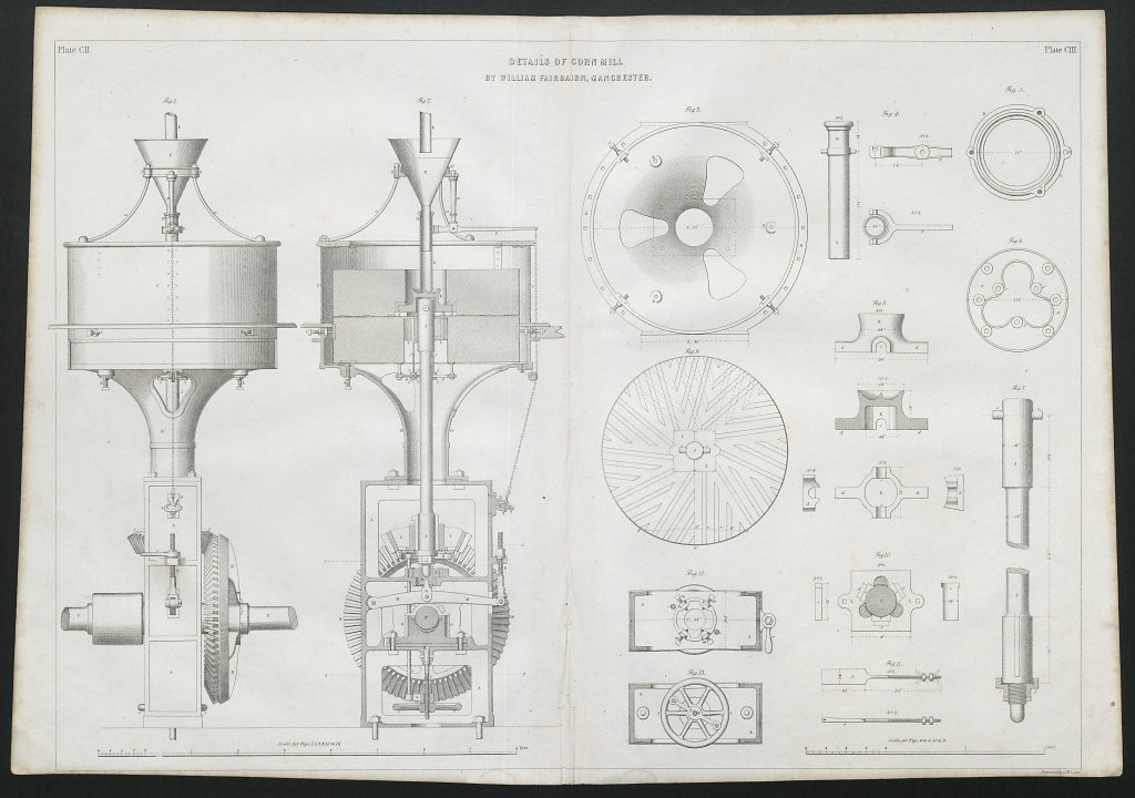 Associate Product 19C ENGINEERING DRAWING Details of corn mill. William Fairbairn, Manchester 1847