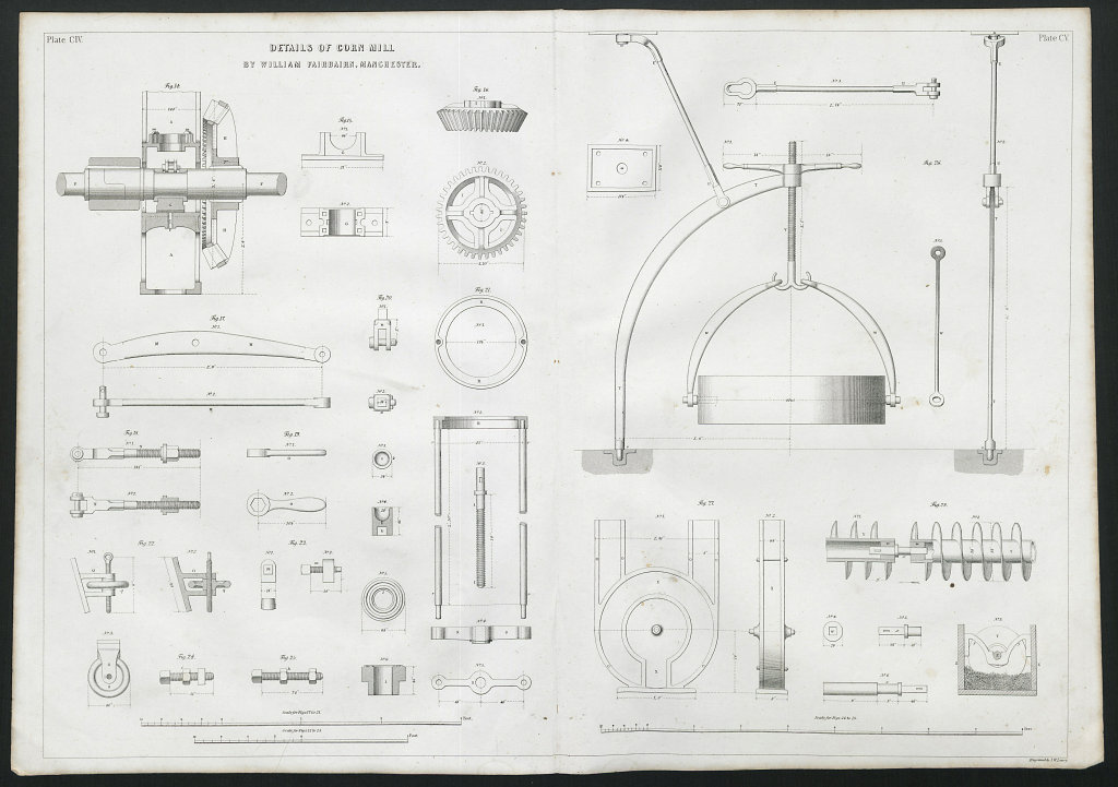 19C ENGINEERING DRAWING Corn mill details. William Fairbairn, Manchester 2 1847