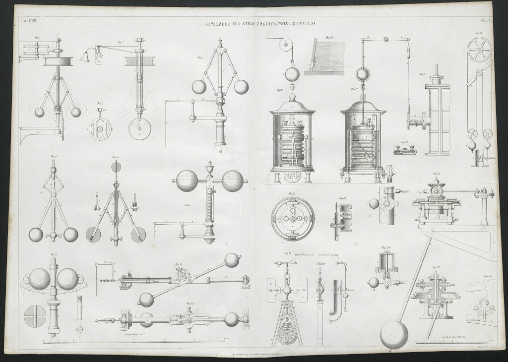 VICTORIAN ENGINEERING DRAWING Governors for steam engines & water wheels 1847