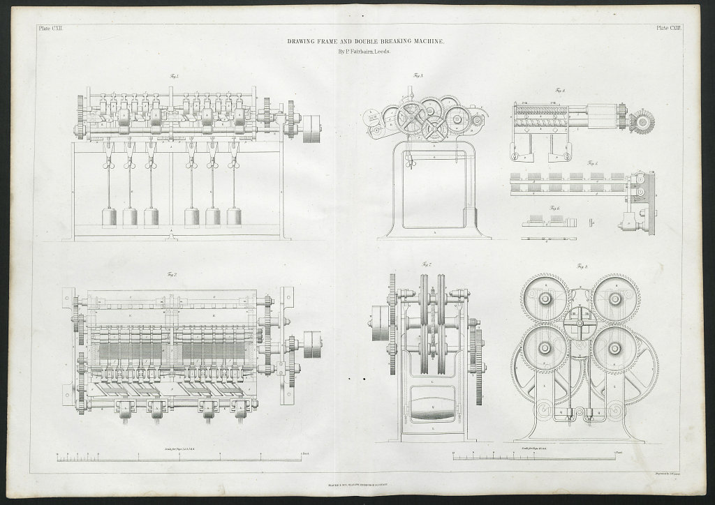 19C ENGINEERING DRAWING Drawing frame & breaking machine. Fairbairn, Leeds 1847