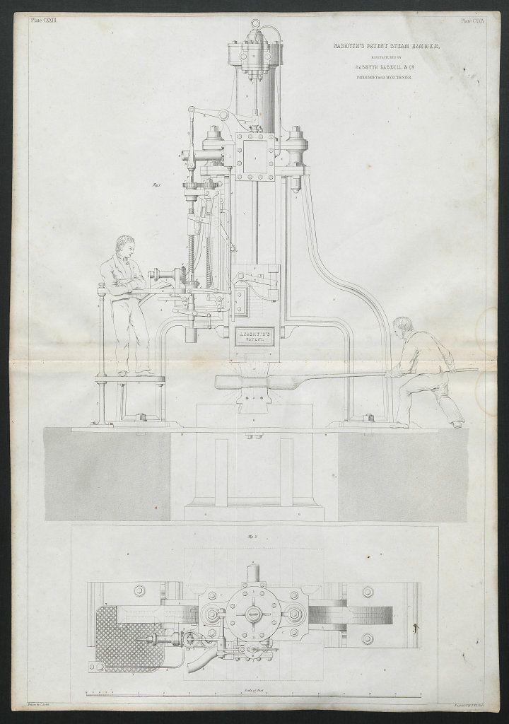 19C ENGINEERING DRAWING Patent steam hammer. Nasmyth Gaskell, Patricroft 1847