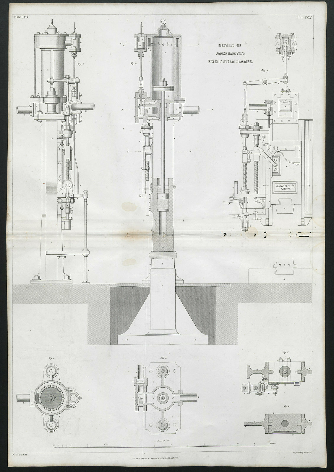 Associate Product VICTORIAN ENGINEERING DRAWING James Nasmyth's patent steam hammer details 1847