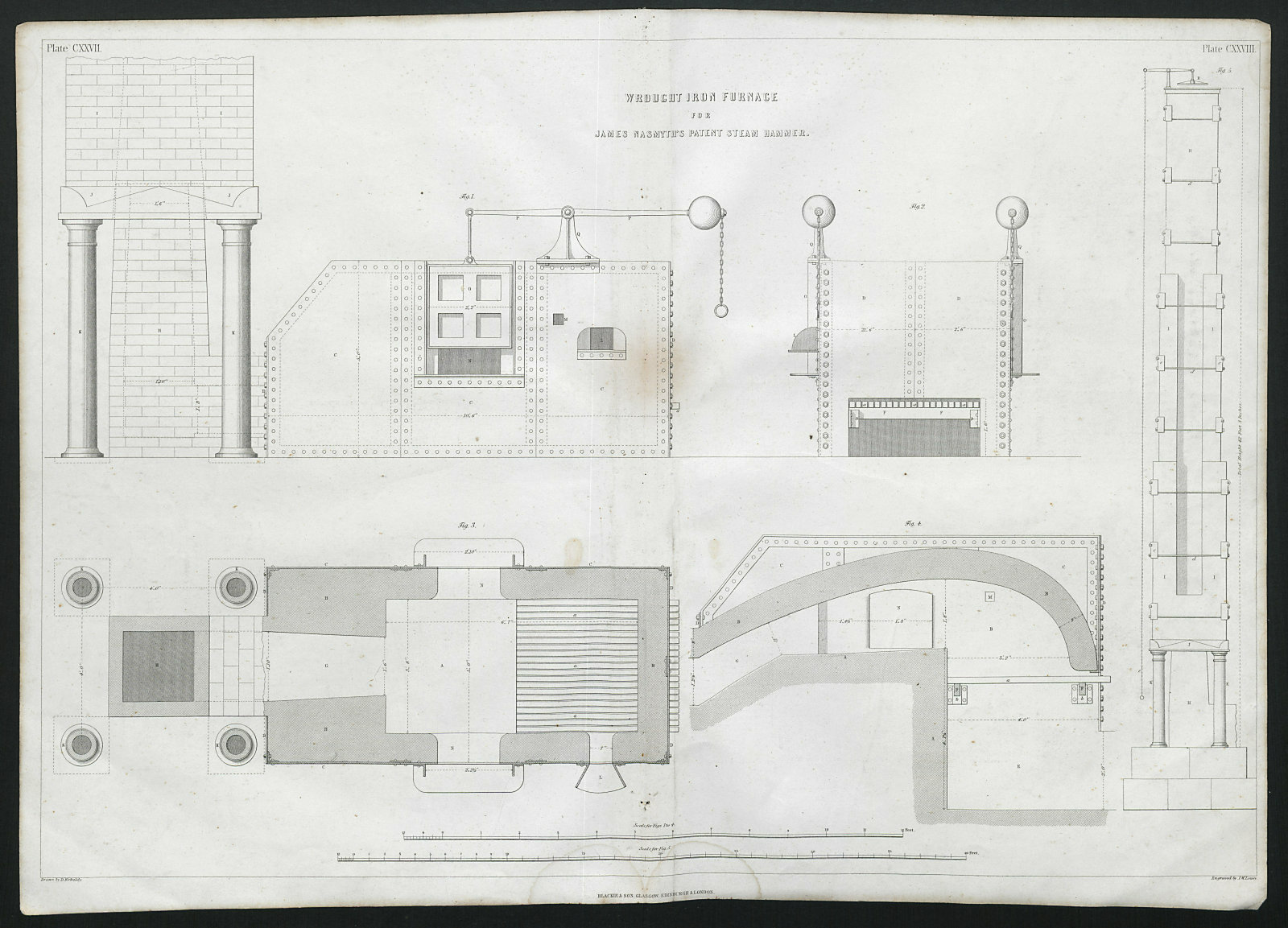 Associate Product 19C ENGINEERING DRAWING Wrought iron furnace. Nasmyth's patent steam hammer 1847