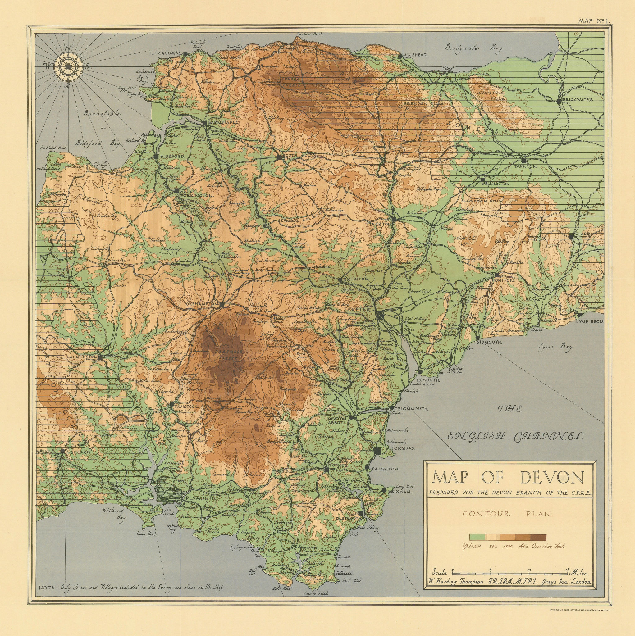 Map of Devon. Contours. Dartmoor Exmoor. William Harding Thompson for CPRE 1932