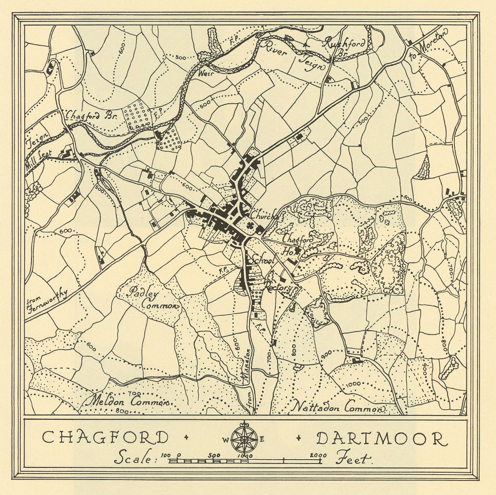 Town plan of CHAGFORD Dartmoor Devon by William Harding Thompson 1932 old map