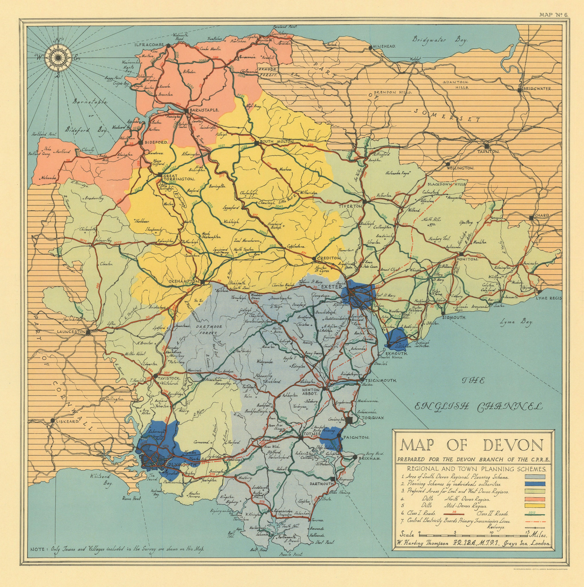 Devon regional & town planning schemes for CPRE by W. Harding Thompson 1932 map