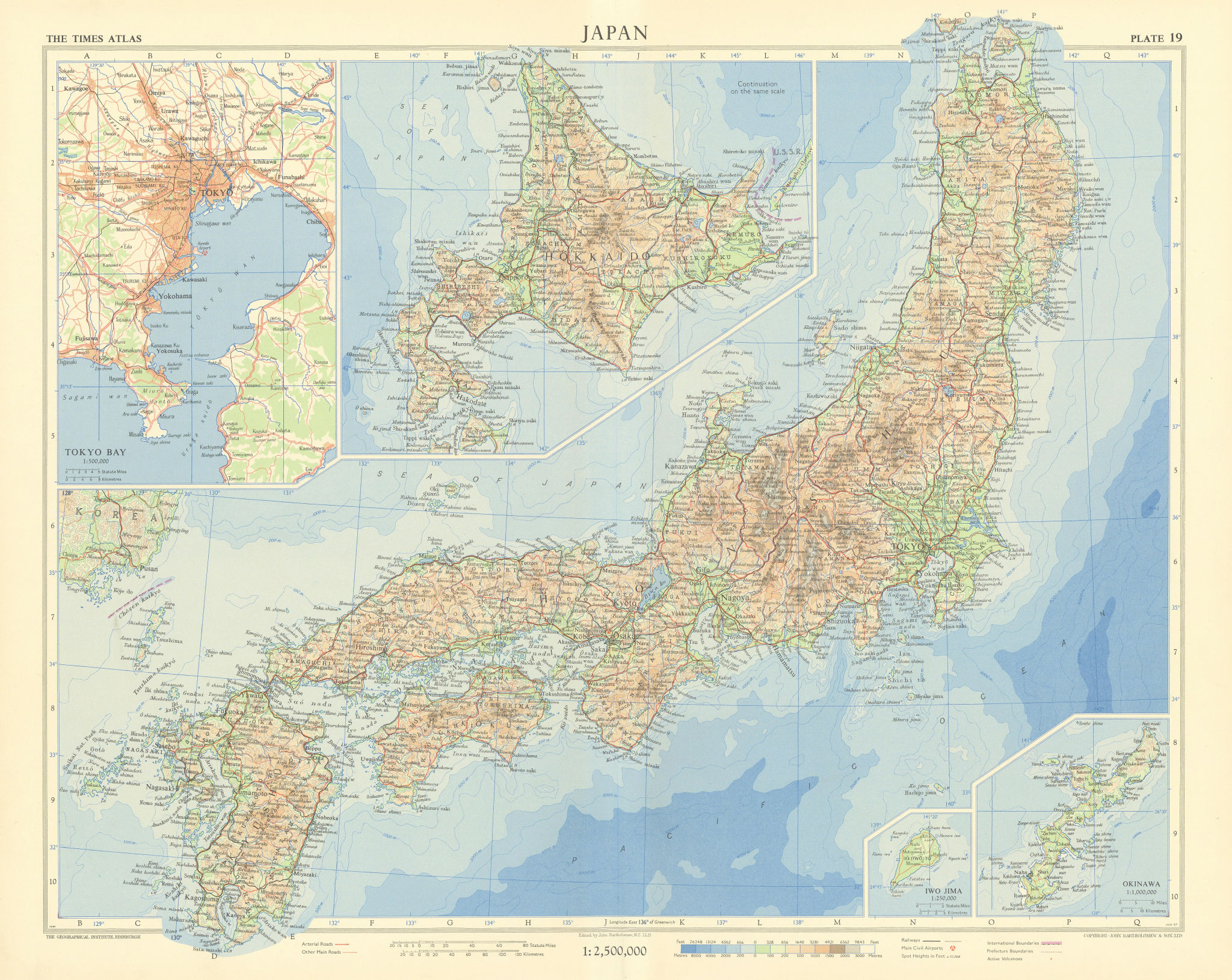 Associate Product Japan. Tokyo Bay. Hokkaido. Iwo Jima. Okinawa. TIMES 1958 old vintage map
