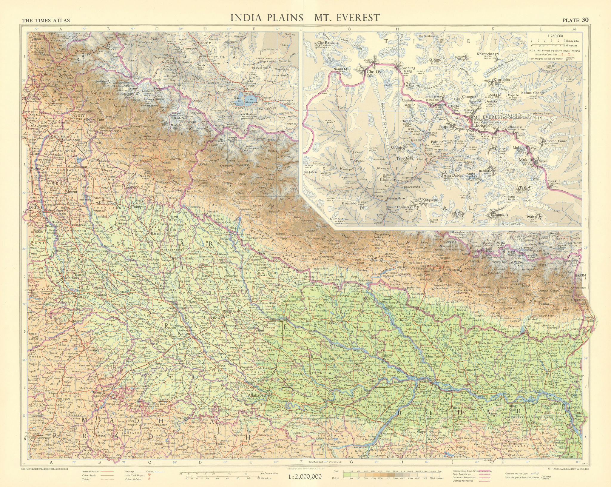 India plains. Uttar Pradesh & Nepal. Mount Everest inset. TIMES 1959 old map