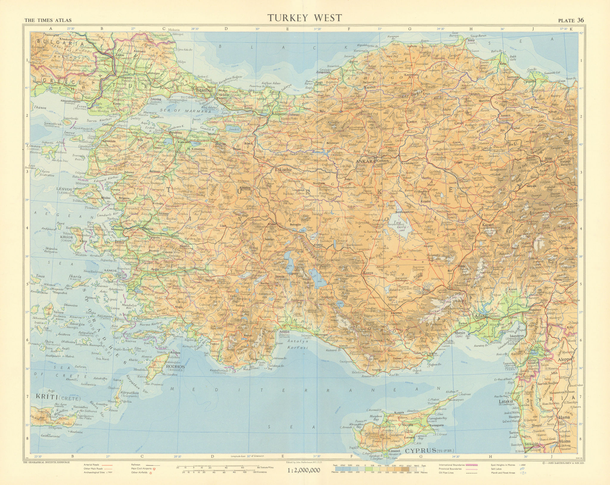 Western Turkey. Anatolia Aegean Cyprus. TIMES 1959 old vintage map plan chart