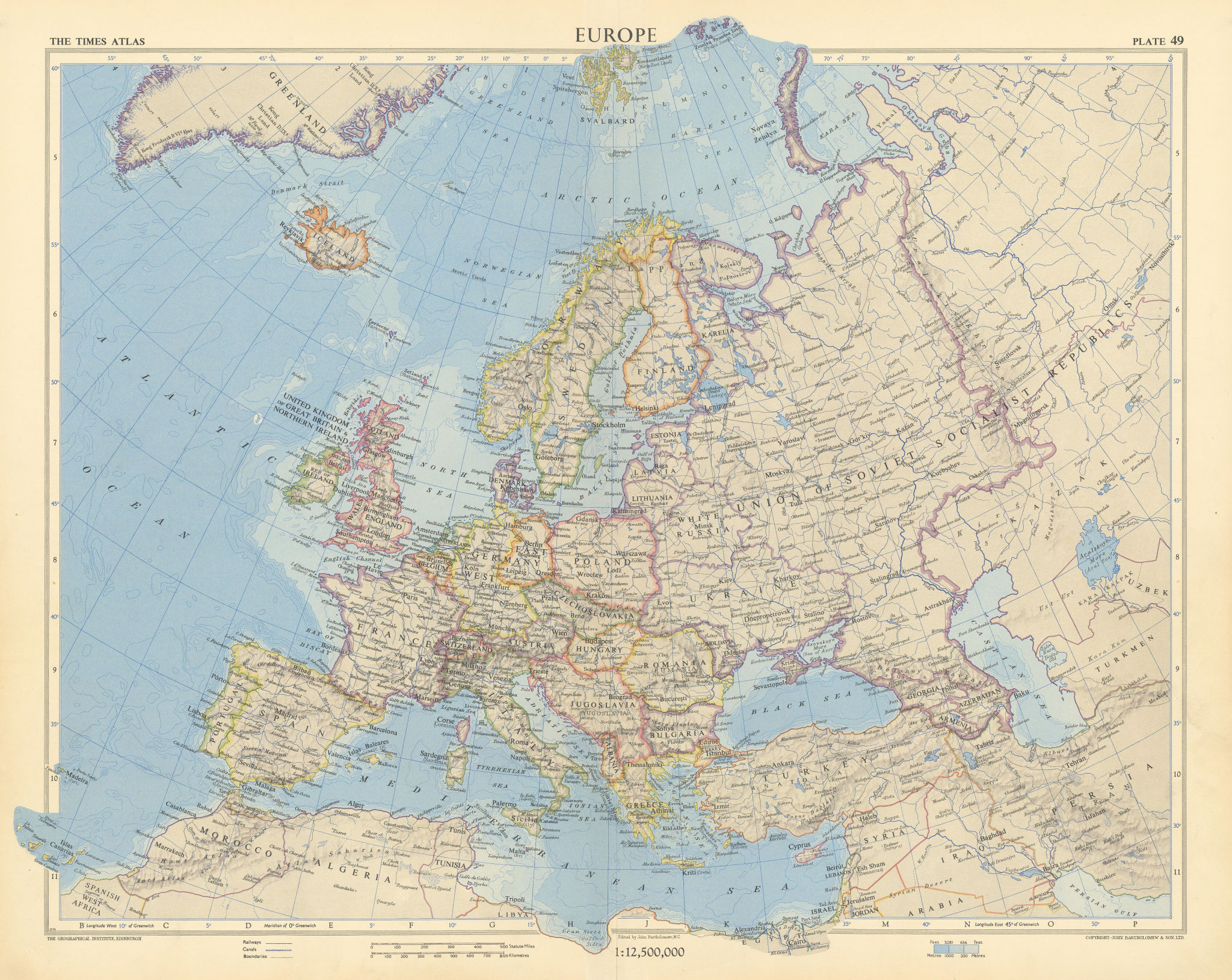 Cold war Europe. USSR West & East Germany Jugoslavia. TIMES 1955 map