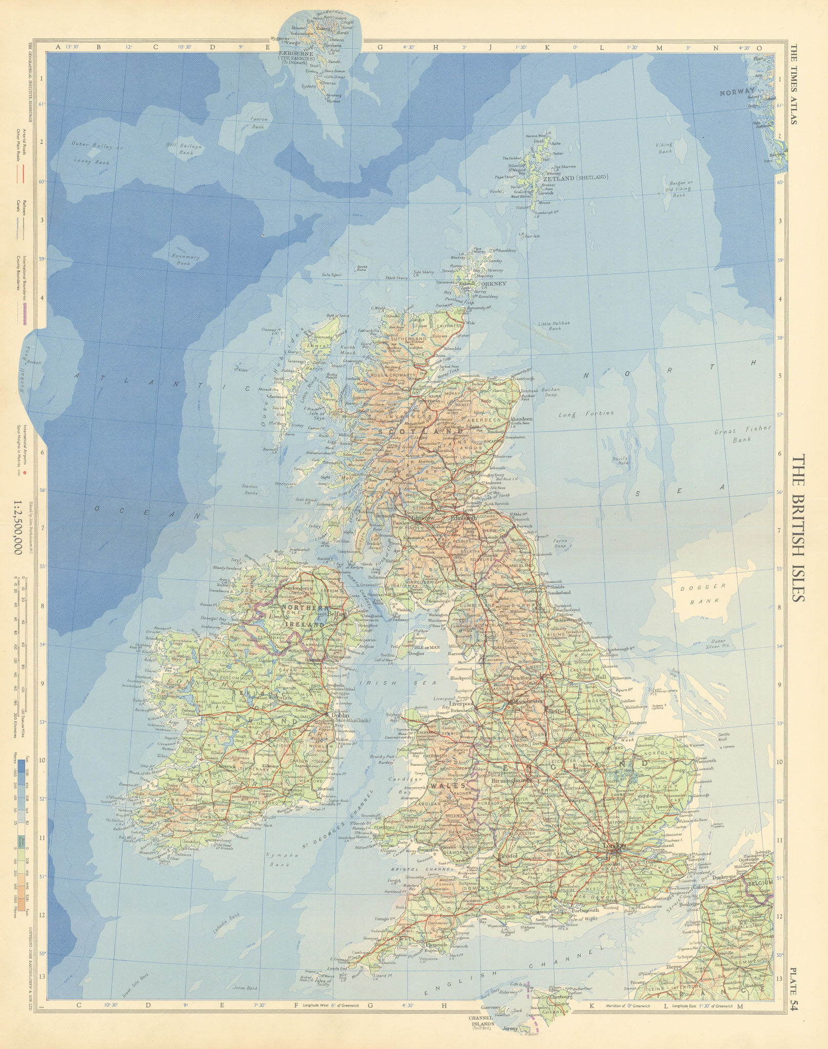 The British Isles. TIMES 1955 old vintage map plan chart