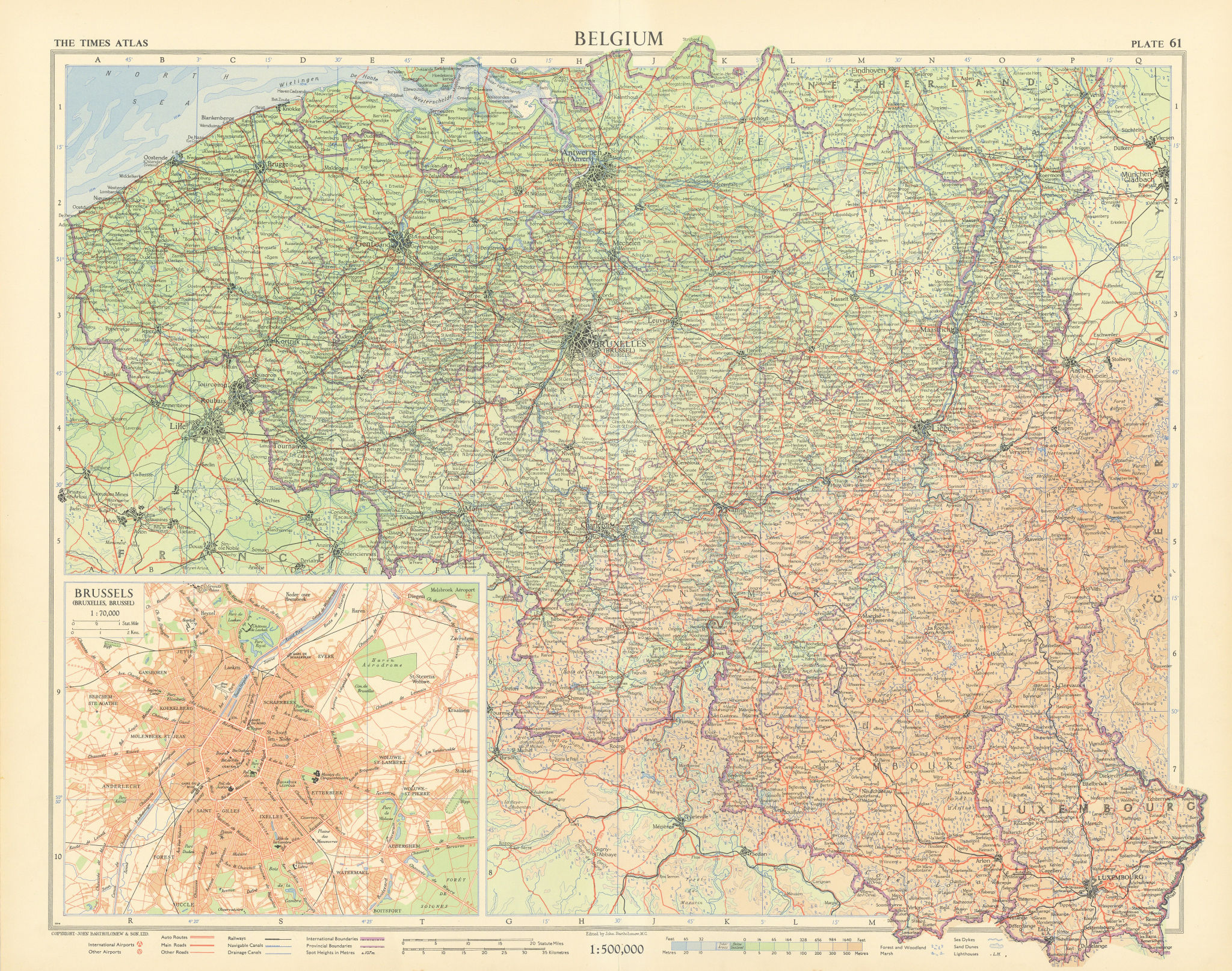 Belgium. Brussels Bruxelles plan. Road network. Autoroutes. TIMES 1955 old map