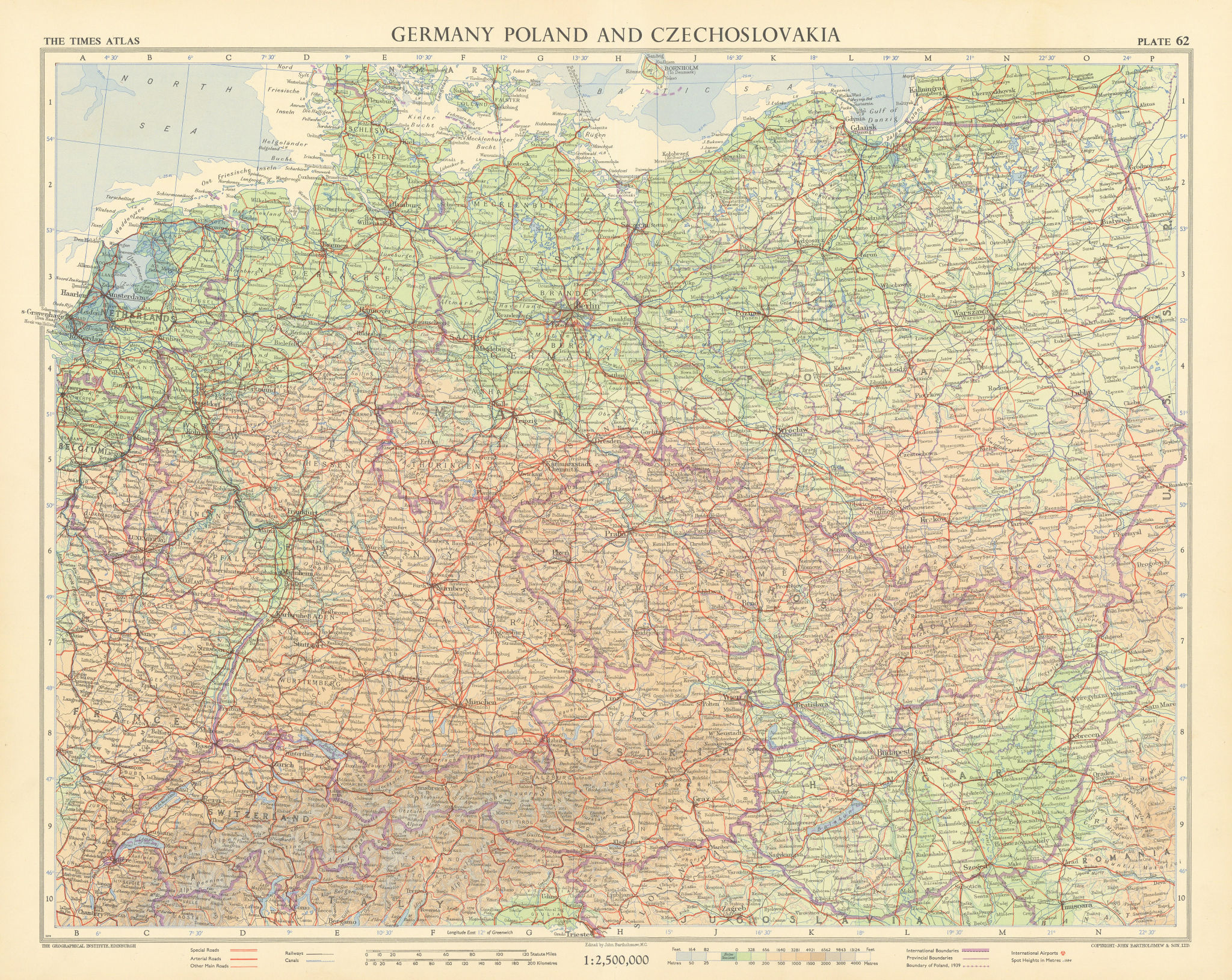 Germany Poland Czechoslovakia. Central Europe. Pre-1939 borders. TIMES 1955 map